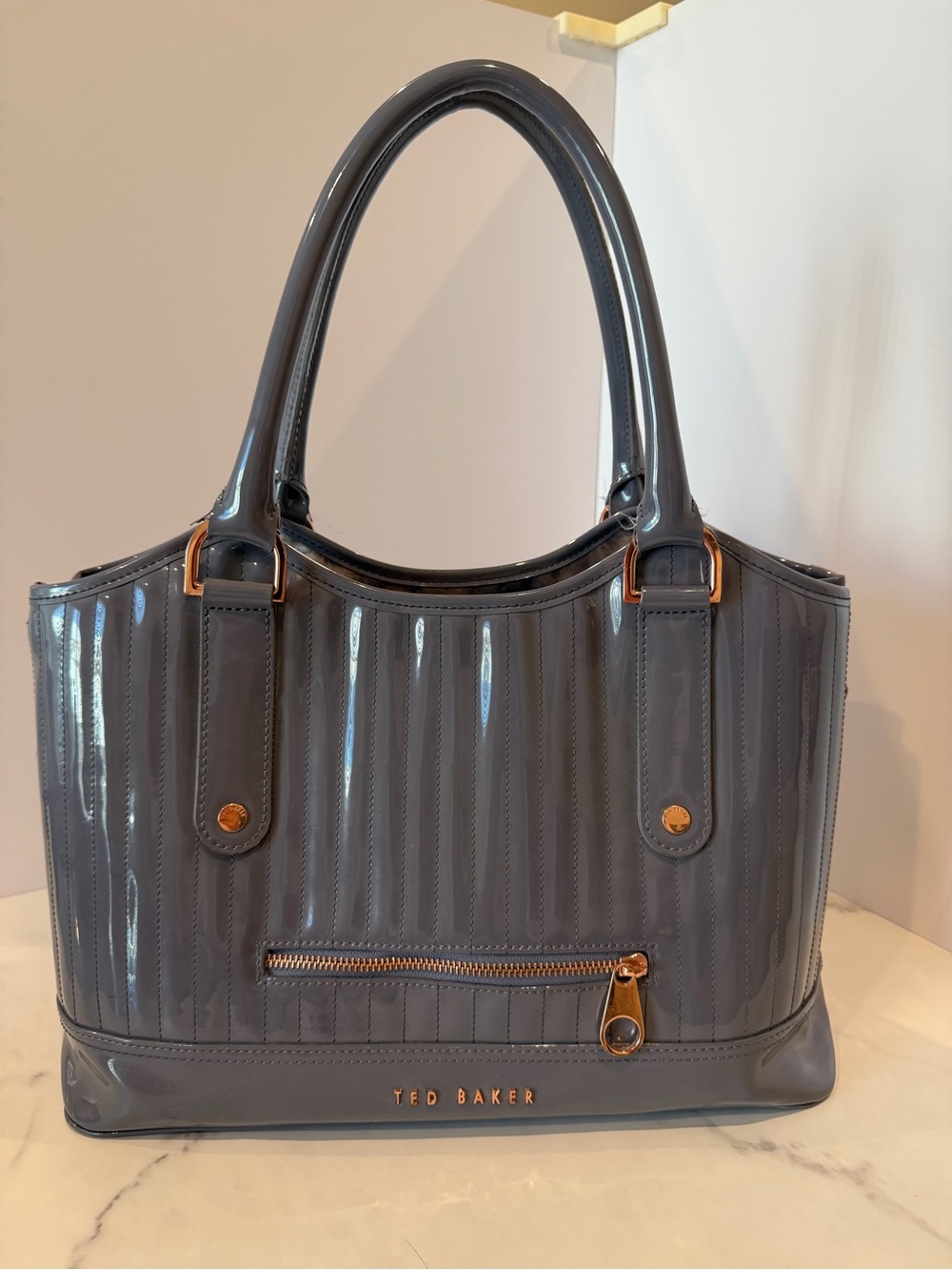 Ted Baker Grey Patent Quilted Tote with Gold Hardware